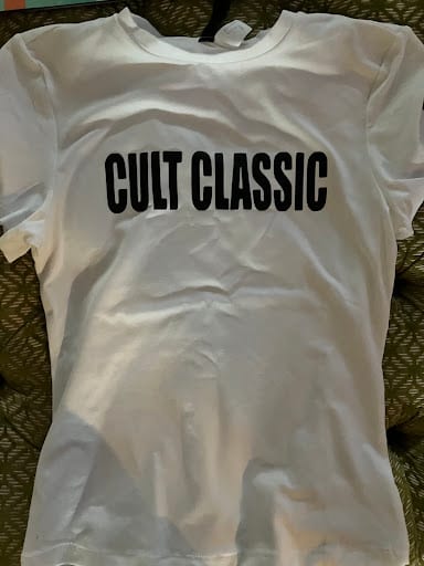 White custom printed t-shirt with bold black Cult Classic text
