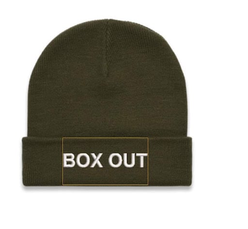 Olive green beanie with white BOX OUT embroidered text on cuff