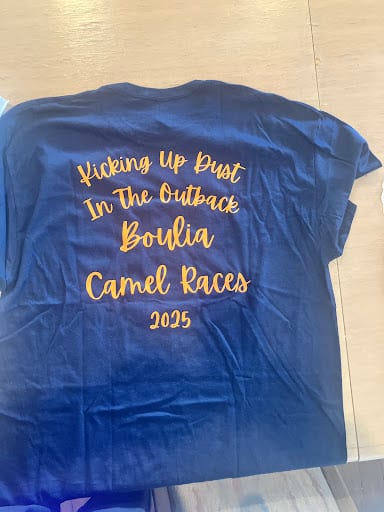 Navy blue event t-shirt with gold text for Boulia Camel Races 2025